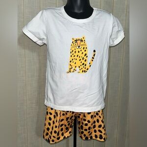 White T-Shirt & Short Set Yellow Leopard Print Size 4-5 Girls NWOT
